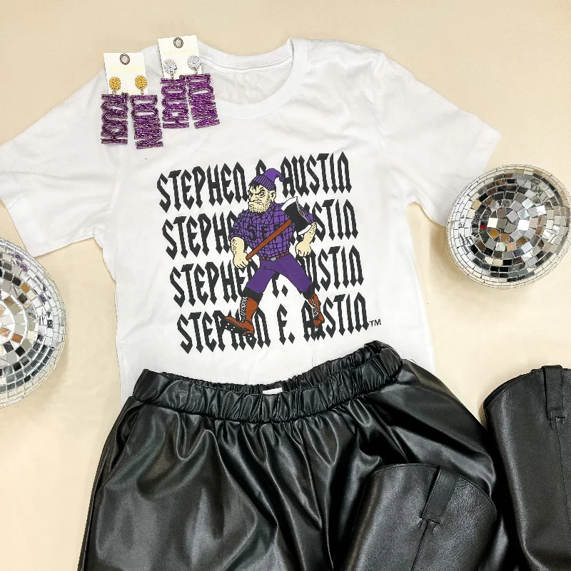 Lumberjack Game Day | Stephen F. Austin Short Sleeve Graphic Tee in White Collared Crew Neck Turtle Neck Lumberjack Game Day | Stephen F. Austin Short Sleeve Graphic Tee in White Collared Crew Neck Turtle Neck