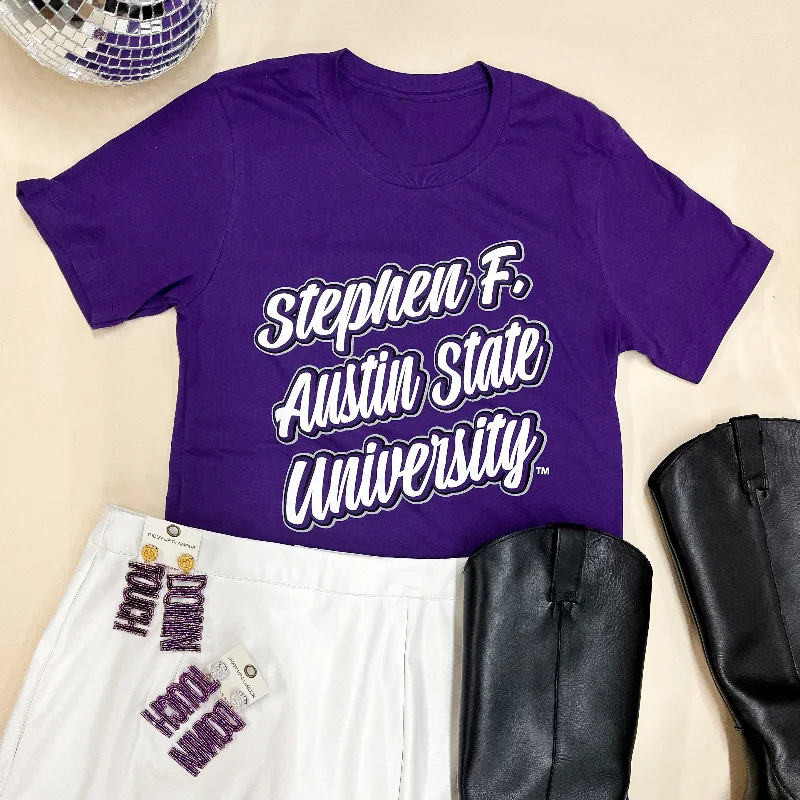 Lumberjack Game Day | Stephen F. Austin State University Short Sleeve Graphic Tee in Purple Faux Fur Fabric Real Fur Fabric Shearling Fabric Lumberjack Game Day | Stephen F. Austin State University Short Sleeve Graphic Tee in Purple Faux Fur Fabric Real Fur Fabric Shearling Fabric