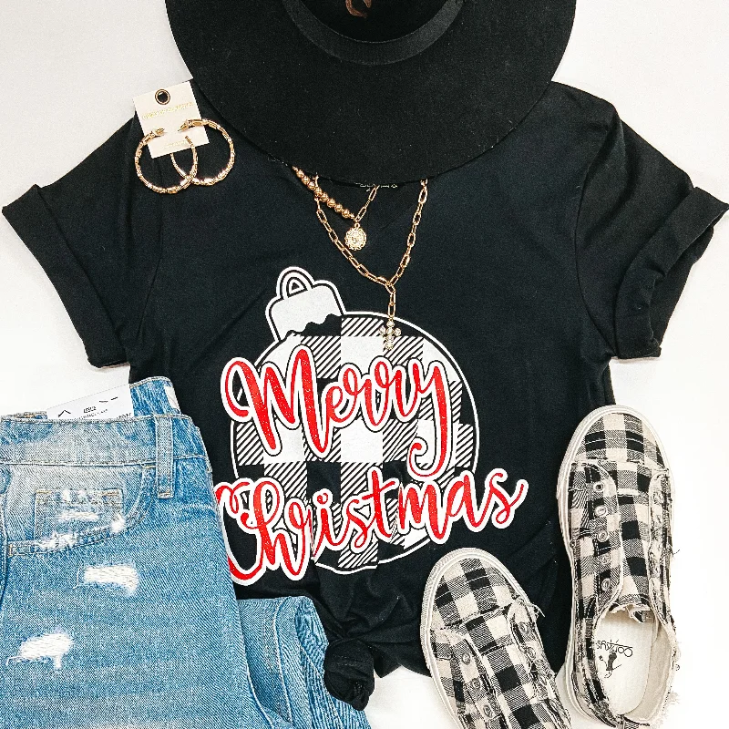 Last Chance Size Small | Merry Christmas in Buffalo Plaid Ornament Short Sleeve Graphic Tee in Black Anti-Shrink Durable Soft Last Chance Size Small | Merry Christmas in Buffalo Plaid Ornament Short Sleeve Graphic Tee in Black Anti-Shrink Durable Soft