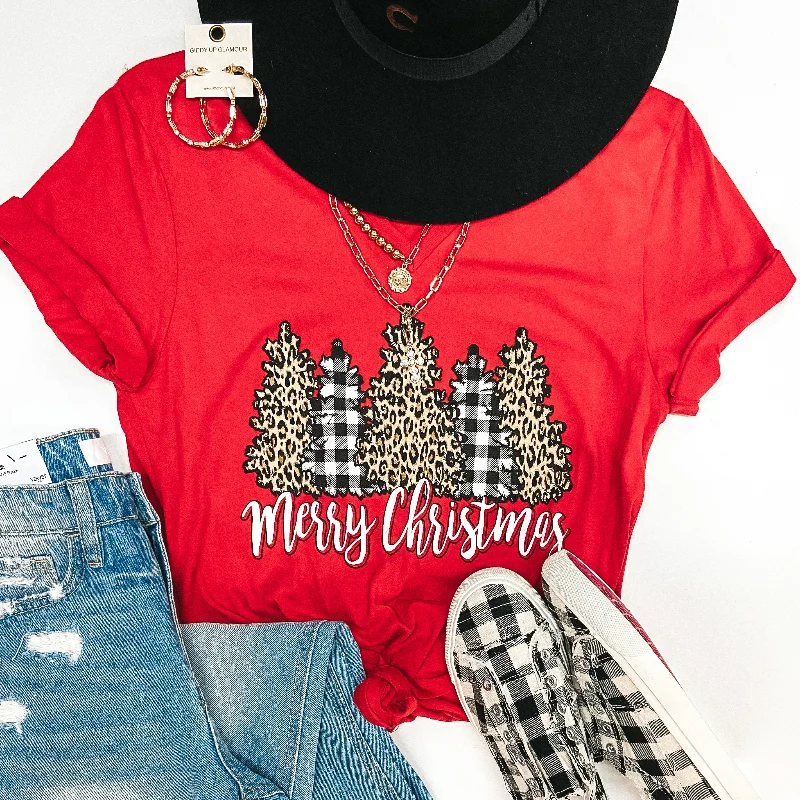 Last Chance Size Small | Merry Christmas Leopard and Buffalo Plaid Christmas Trees Short Sleeve Graphic Tee in Red Handmade Hand-knitted Hand-woven