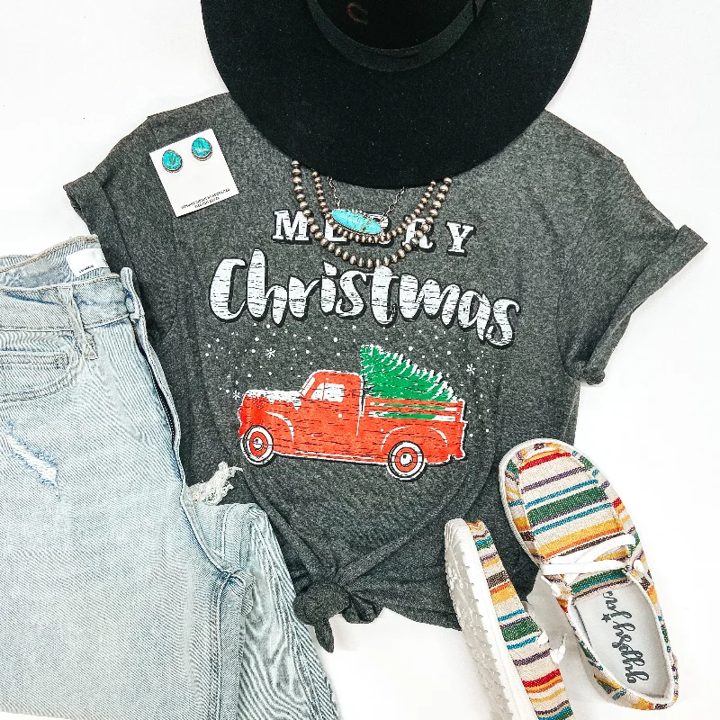 Last Chance Size Small & Large | Merry Christmas Pick Up Truck Short Sleeve Graphic Tee in Charcoal Heather Grey Fashionable Trendy Casual Last Chance Size Small & Large | Merry Christmas Pick Up Truck Short Sleeve Graphic Tee in Charcoal Heather Grey Fashionable Trendy Casual