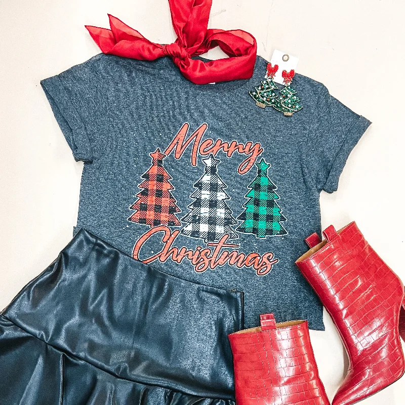 Last Chance Size Small | Merry Christmas Plaid Christmas Tree Sleeve Graphic Tee in Heather Grey Mesh Blend Leather Blend Suede Blend Last Chance Size Small | Merry Christmas Plaid Christmas Tree Sleeve Graphic Tee in Heather Grey Mesh Blend Leather Blend Suede Blend