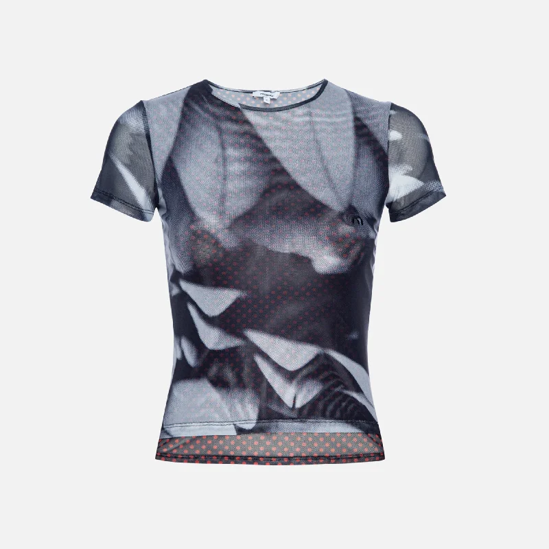 Miaou Mini Tee - Feather Print Thin T-Shirt Open Front Quick Dry