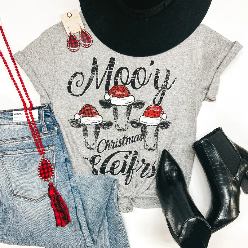 Moo'y Christmas Heifers Short Sleeve Graphic Tee in Heather Grey Mesh Canvas Denim