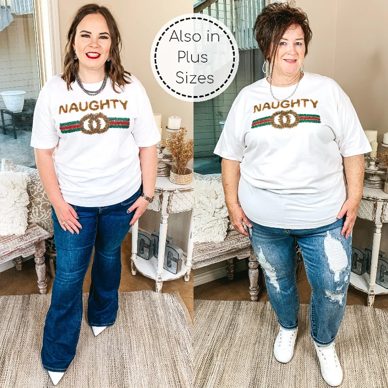 Naughty Gold Tinsel Graphic Tee in White Chenille Blend Fleece Blend Nylon Blend