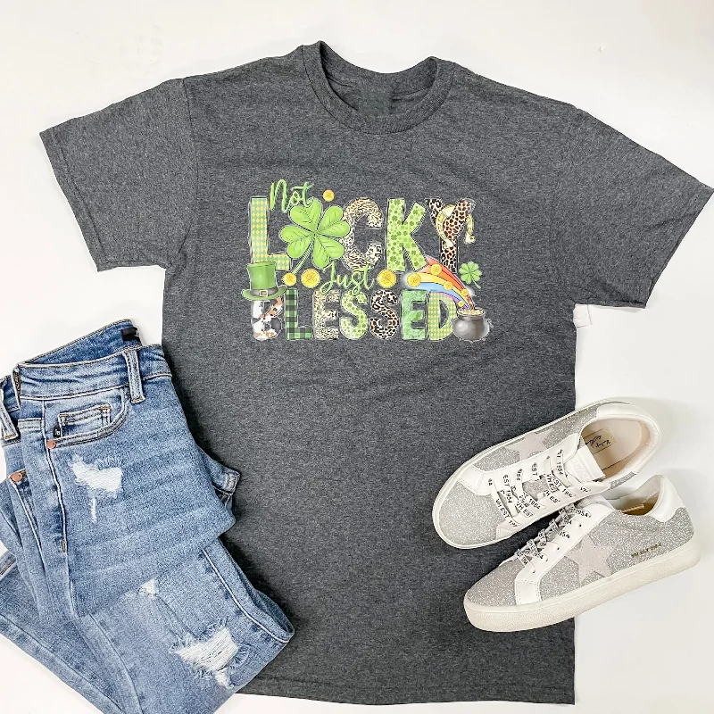 Not Lucky Just Blessed Short Sleeve Graphic Tee in Charcoal Grey Ribbed T-Shirt High Neck Heavyweight Not Lucky Just Blessed Short Sleeve Graphic Tee in Charcoal Grey Ribbed T-Shirt High Neck Heavyweight