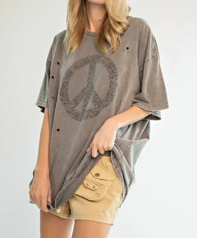 Peace Sign Printed Washed Tee In Sand Iron Safe Non-Iron Wrinkle Free
