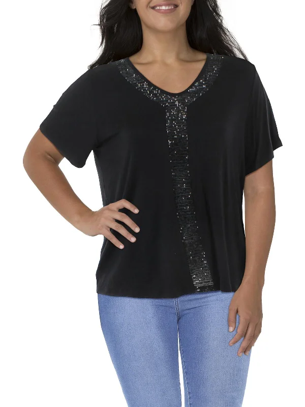 Plus Womens Sequined Short Sleeve T-Shirt Notch Collar Peter Pan Collar Cowl Neck