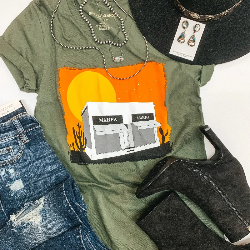 Last Chance Size XL & 2XL | Sunsets at Prada Marfa V Neck Graphic Tee in Olive Green Nylon Fabric Polyester Fabric Spandex Fabric Last Chance Size XL & 2XL | Sunsets at Prada Marfa V Neck Graphic Tee in Olive Green Nylon Fabric Polyester Fabric Spandex Fabric