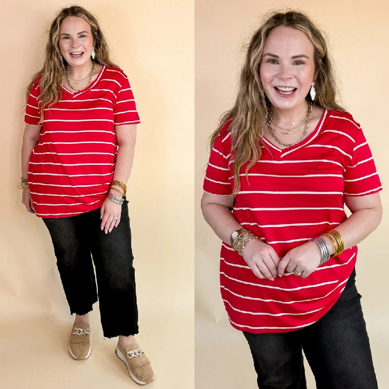 Keep Things Casual Striped V Neck Tee in Red Seamless Knitted Crochet