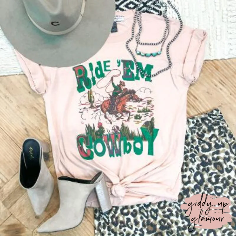 Ride 'Em Cowboy Western Graphic Tee in Peach Chenille Blend Fleece Blend Nylon Blend