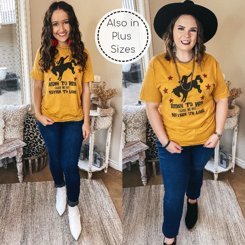 Ridin' To Win Bucking Horse Graphic Tee with Red Stars in Mustard Yellow Zippered Front Buttoned Front Snap Front