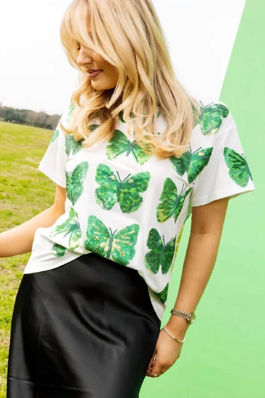 Scattered Butterfly Tee In White & Green Terry Blend Velvet Blend Canvas Blend