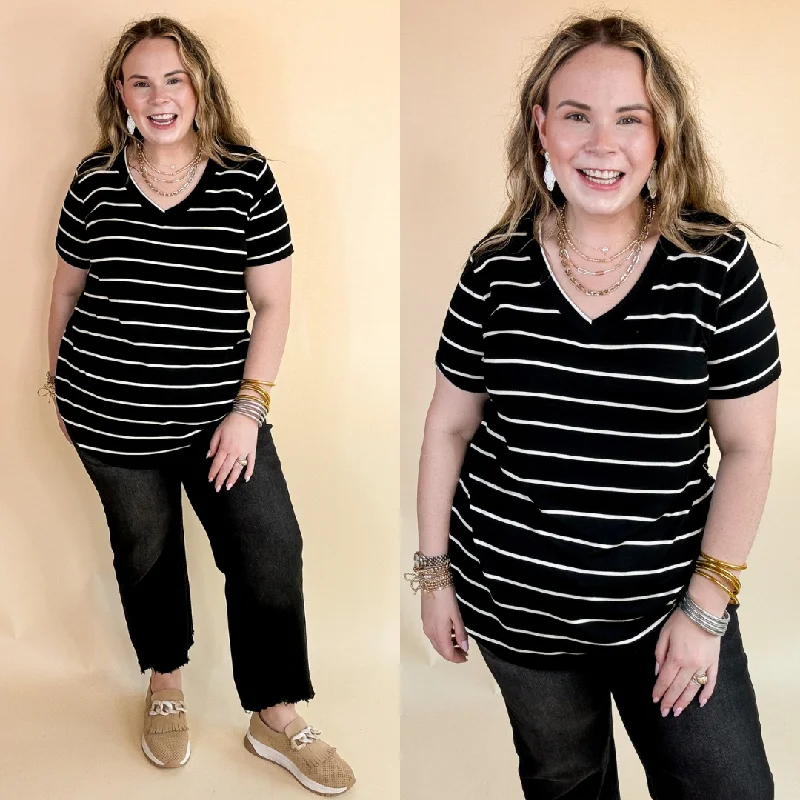 Keep Things Casual Striped V Neck Tee in Black Iron Safe Non-Iron Wrinkle Free