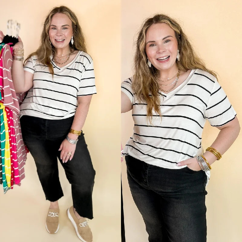 Keep Things Casual Striped V Neck Tee in Ivory Rayon Velvet Corduroy
