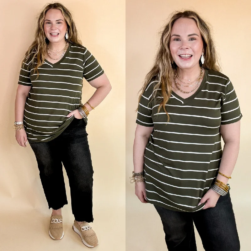 Last Chance Size Small & Medium | Keep Things Casual Striped V Neck Tee in Olive Green Zippered Front Buttoned Front Snap Front Last Chance Size Small & Medium | Keep Things Casual Striped V Neck Tee in Olive Green Zippered Front Buttoned Front Snap Front