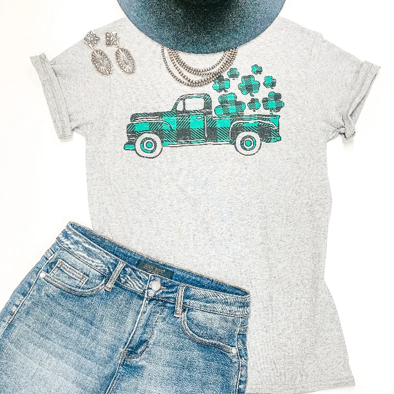 Take My Luck For A Ride Buffalo Plaid Pickup Truck with Clovers Graphic Tee in Heather Grey Asymmetrical Pockets Print Take My Luck For A Ride Buffalo Plaid Pickup Truck with Clovers Graphic Tee in Heather Grey Asymmetrical Pockets Print