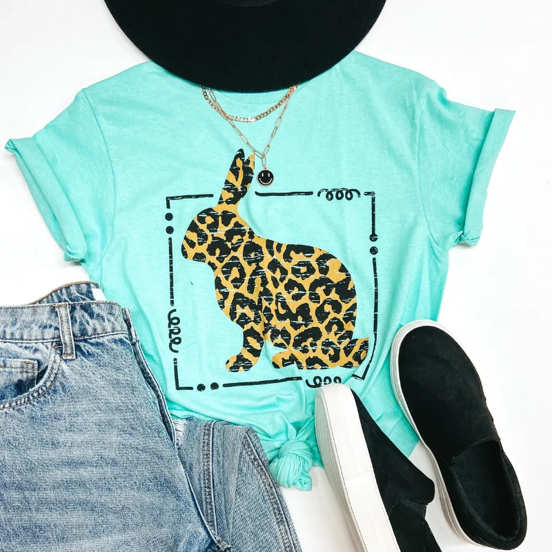 The Bunny Hop Leopard Print Bunny Easter Graphic Tee in Mint Collared Crew Neck Turtle Neck The Bunny Hop Leopard Print Bunny Easter Graphic Tee in Mint Collared Crew Neck Turtle Neck