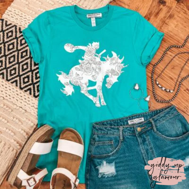 Tough Buck Saddle Bronc Graphic Tee in Turquoise Fashionable Trendy Casual