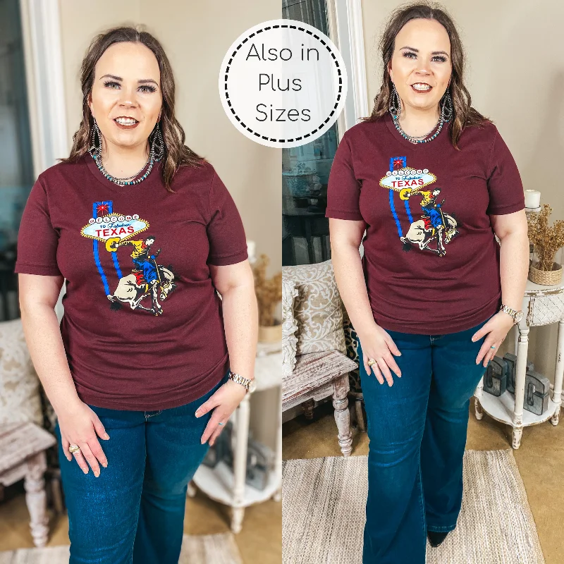 Welcome To Fabulous Texas Saddle Bronc Rodeo Graphic Tee in Maroon Satin Fabric Silk Fabric Chiffon Fabric Welcome To Fabulous Texas Saddle Bronc Rodeo Graphic Tee in Maroon Satin Fabric Silk Fabric Chiffon Fabric