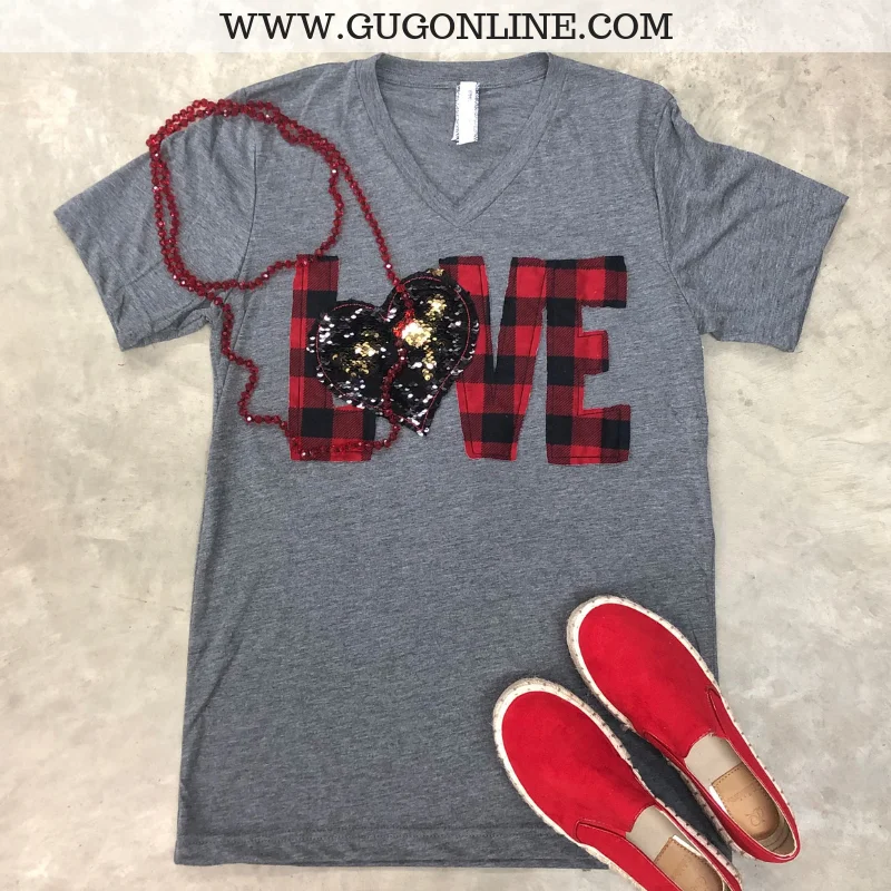 Last Chance Size Small | When Love Sparkles Buffalo Plaid Short Sleeve Tee with Sequin Heart in Heather Grey Ribbed Striped Patterned