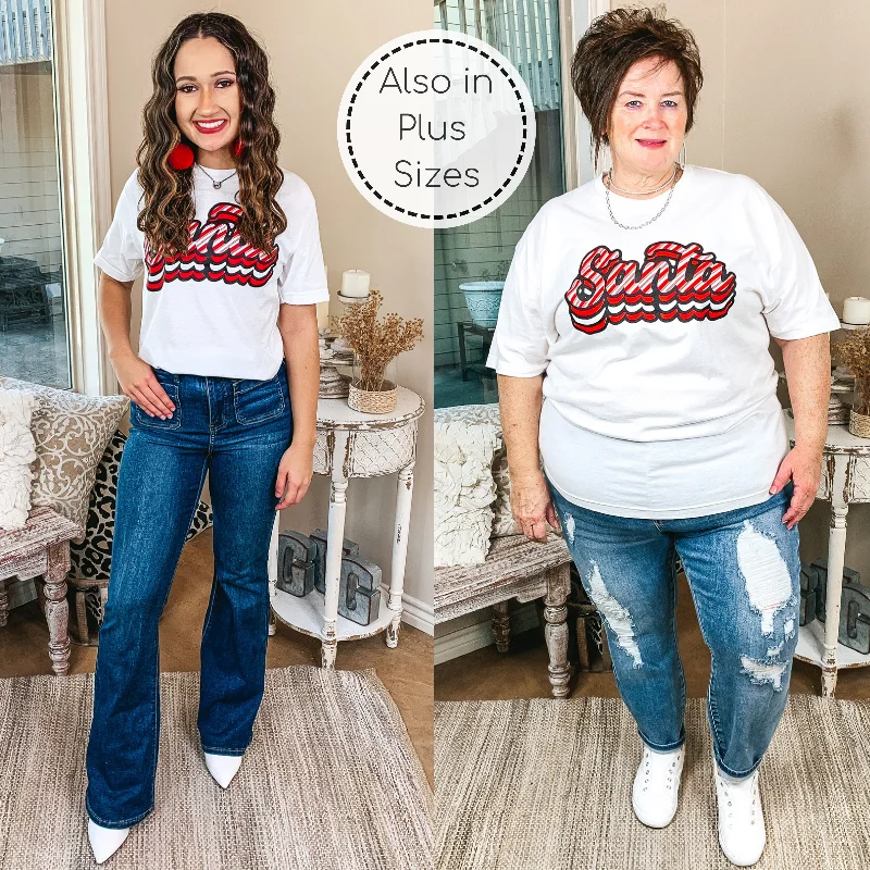 Candy Cane Stripe Retro Santa Graphic Tee in White Polka Dot Checkered Tartan