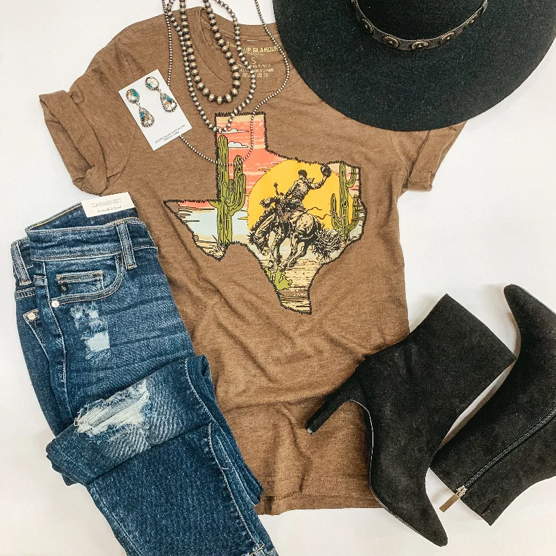 Wild West Saddle Bronc in Texas Inlay Graphic Tee in Heather Brown Terry Blend Velvet Blend Canvas Blend Wild West Saddle Bronc in Texas Inlay Graphic Tee in Heather Brown Terry Blend Velvet Blend Canvas Blend