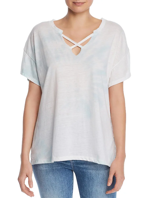 Womens Criss-Cross Neck Side Tie T-Shirt Seamless Knitted Crochet