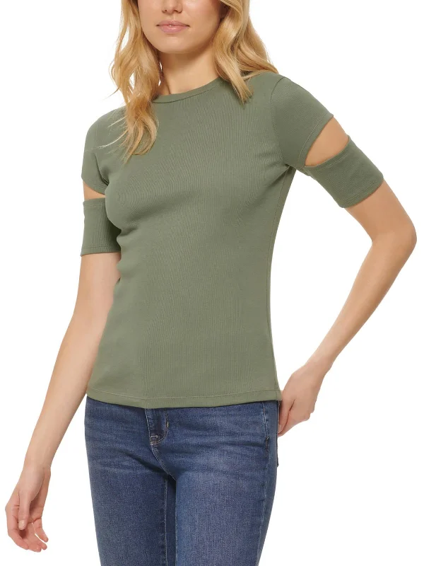 Womens Cut-Out Crewneck T-Shirt Mesh Blend Leather Blend Suede Blend