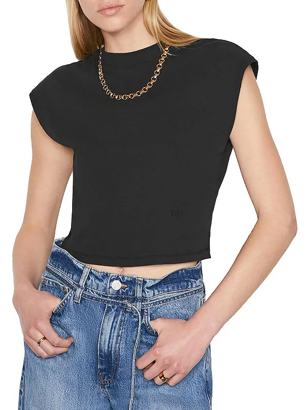Womens Mock Neck Cropped T-Shirt Mesh Blend Leather Blend Suede Blend