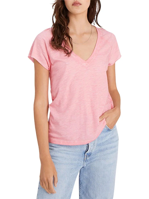 Womens V Neck Knit T-Shirt Silk Blend Satin Velvet