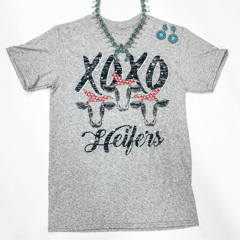 XOXO Heifers Short Sleeve Graphic Tee in Heather Grey Boxy Fit Fitted Loose