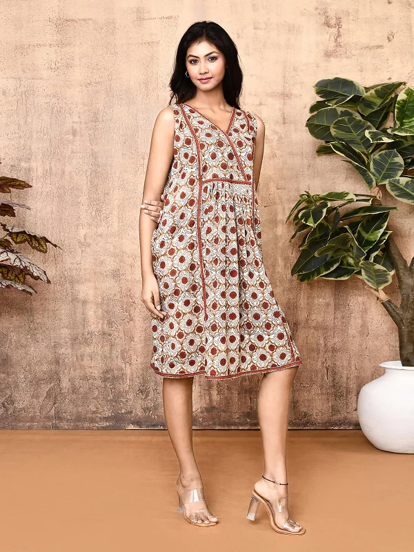 Aaheli cream block printed knee length cotton dress