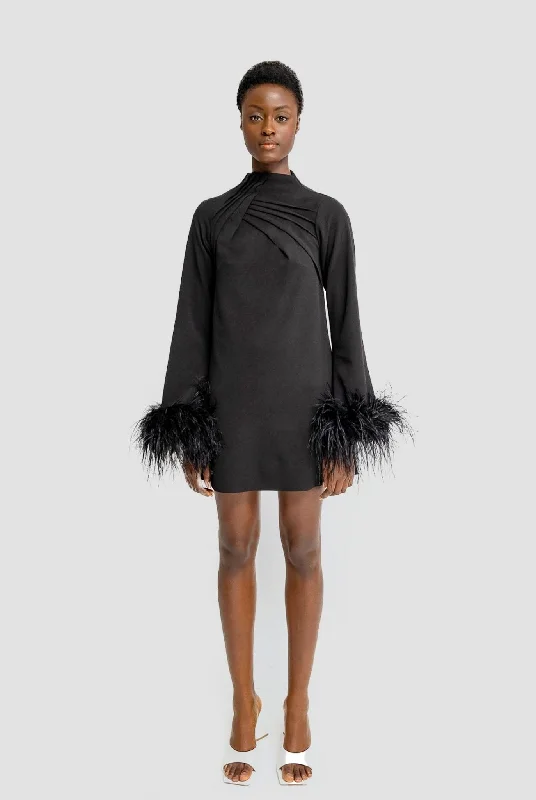 ALEXANDRA Black Shift Turtle Neck Dress With Feathers | Anitabel