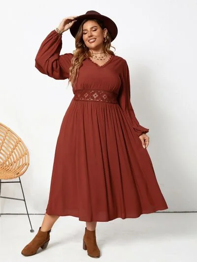 Blue Zone Planet |  Plus Size Lace Detail V-Neck Balloon Sleeve Dress