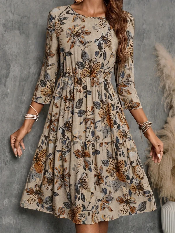 Blue Zone Planet |  Printed Round Neck Three-Quarter Sleeve Dress