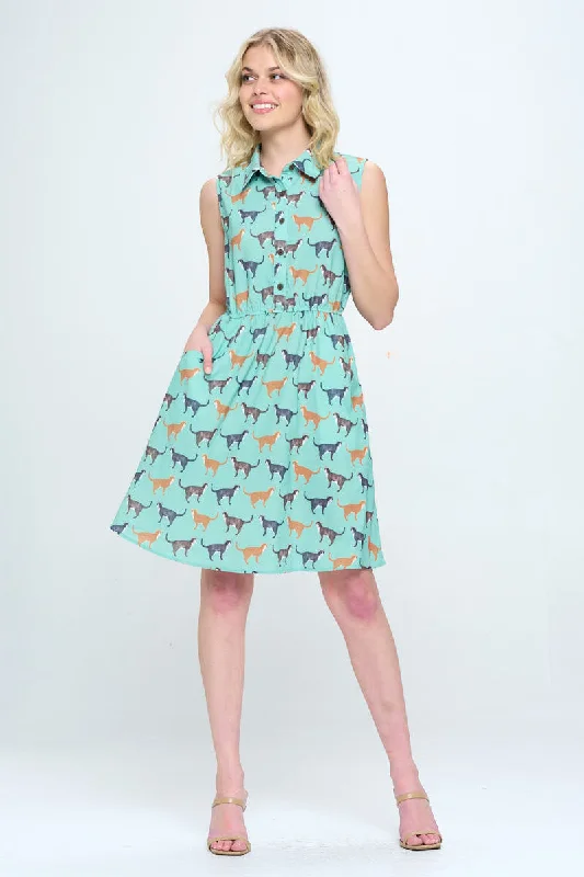 Cat Print Collared Neck Dress with Pockets