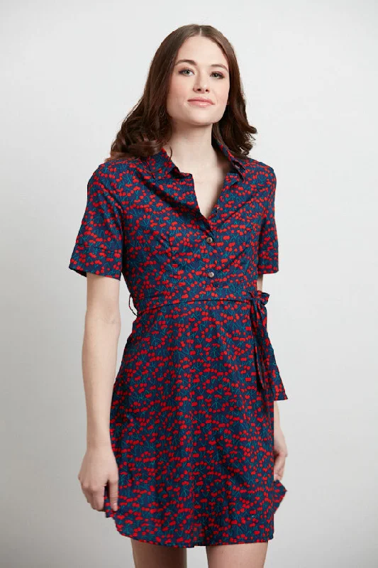Cherry Print Collared Neck Button Front Navy Dress