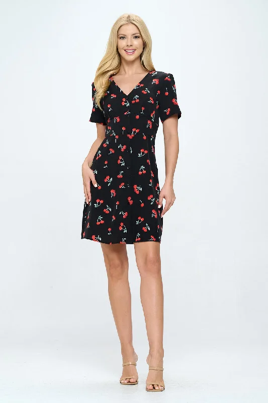 Cherry Print V-Neck Black Dress