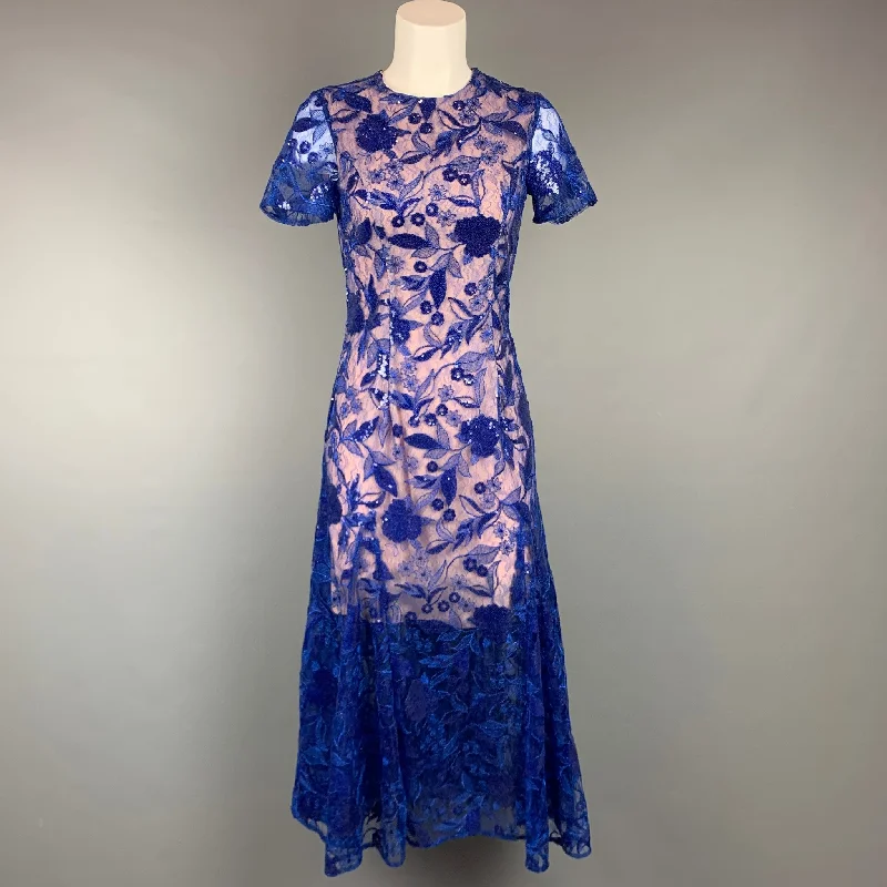 COSTARELLOS Size 4 Blue & Nude Sequin Embroidered Polyester / Nylon Cocktail Dress