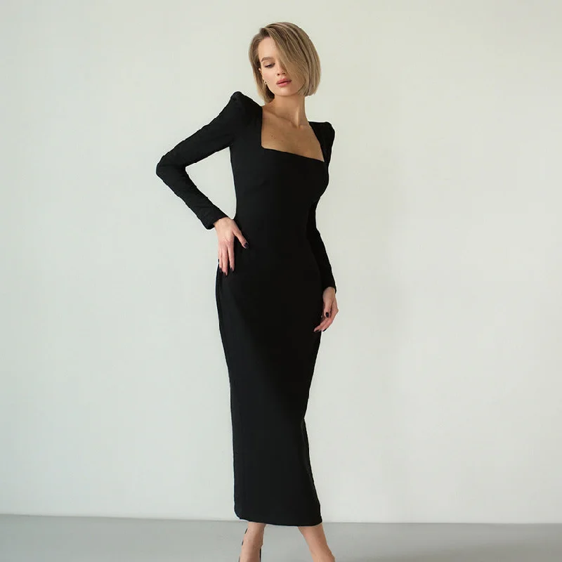 Designed Square Neckline Long Sheathe Black Dresses