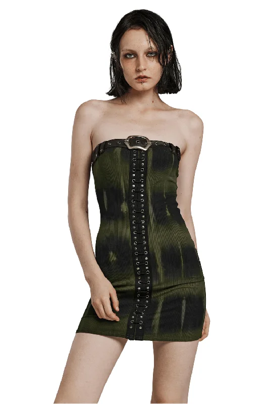 Elastic Rib Fabric Dress with Tie-Dye Print and Drawstring