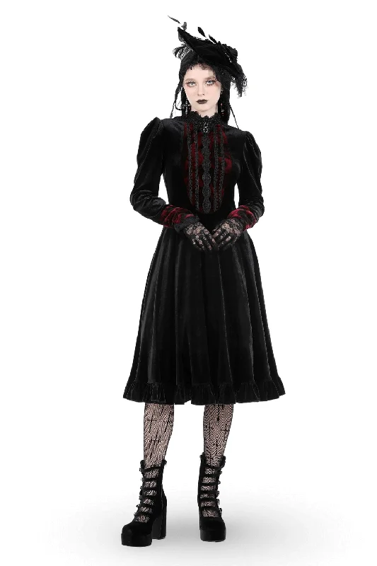 Elegant Black Velvet Dress with Red Lace Accents
