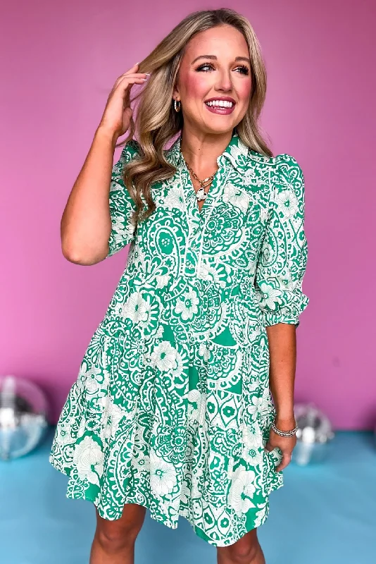 Green Paisley Printed Two Tone Split Neck Collared Three Quarter Sleeve Dress
