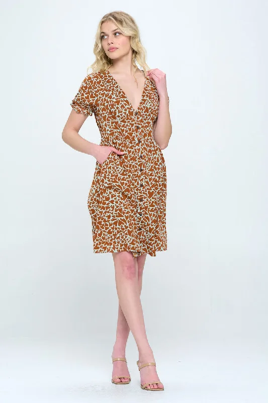 Heart Print Button Front Dress with Pockets
