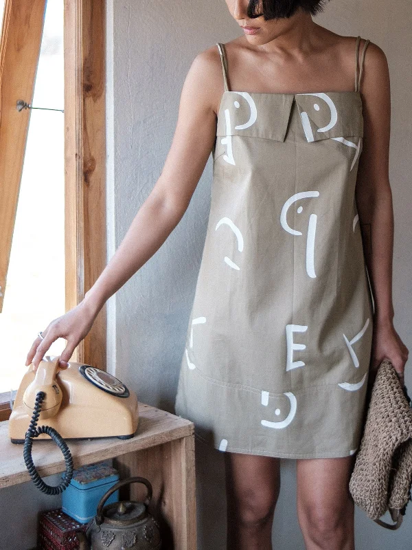 Line Printed Rachel Slip Dress Khaki