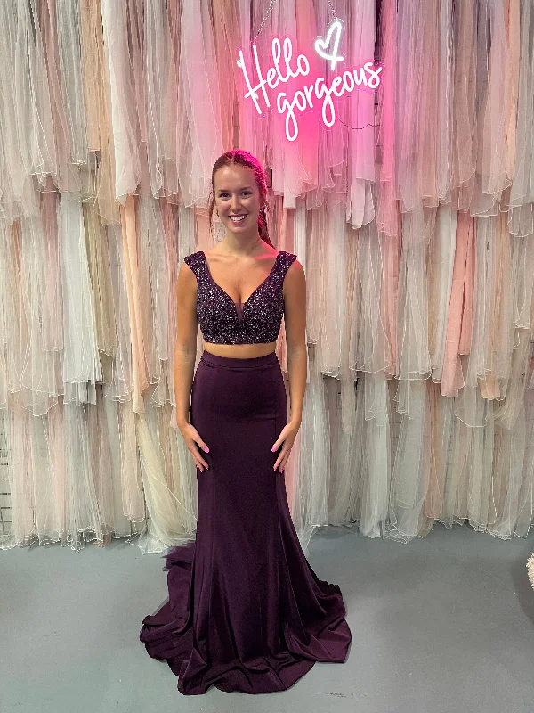 Lucci Lu 8261 Plum Purple 2 Piece Fit-n-Flare Dress with Ruffle Train