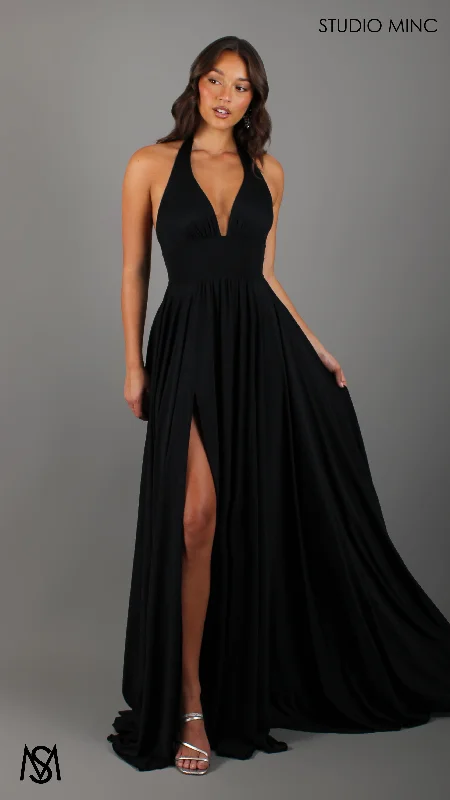 LOVE - Black Flowy Formal Dress with Plunge Neckline & Leg Split