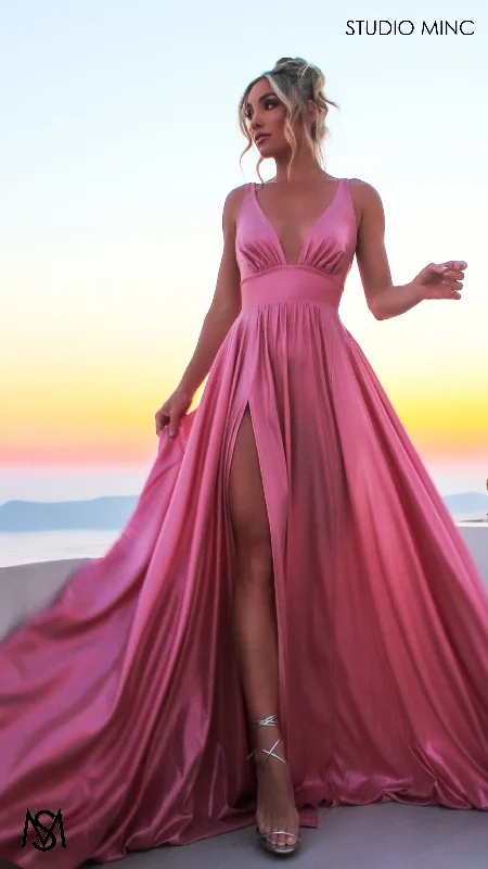 Lustre - Pink Formal Dress, Metallic V Plunge Neckline with leg Split