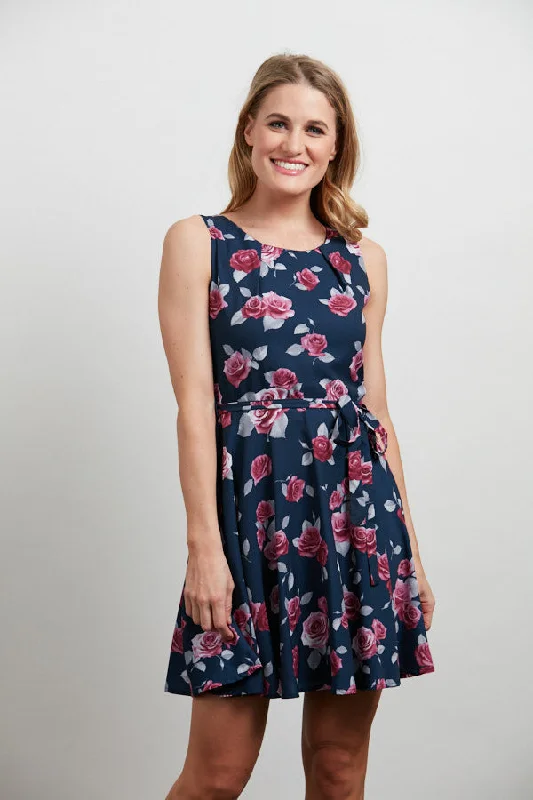 Pink Roses Print A-Line Dress